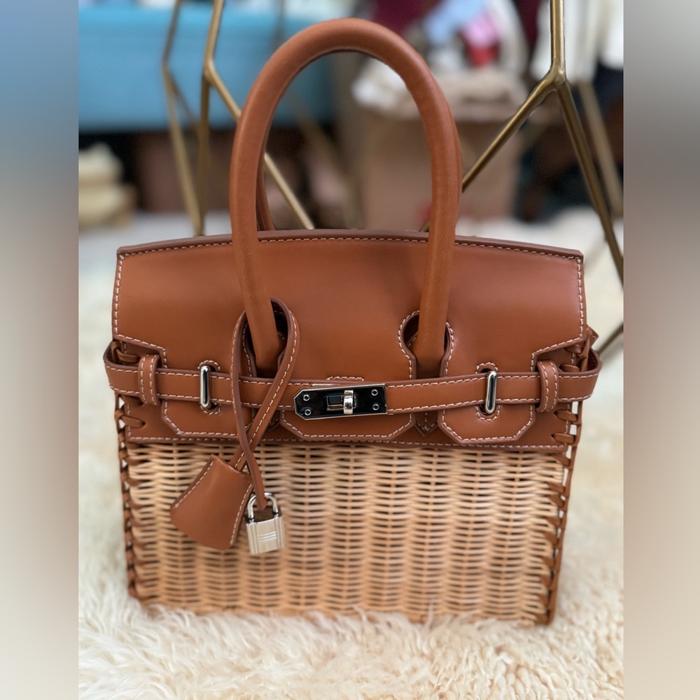 Wicker & Faux Leather Top Handle Bag